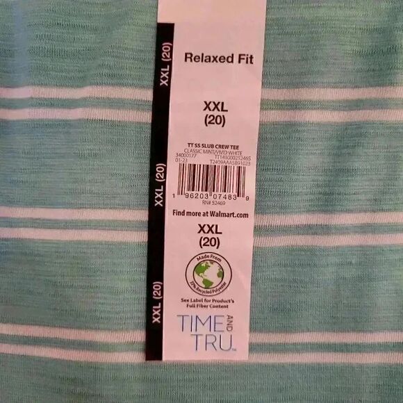 Time & Tru Women's Classic Mint/Vivid White Cotton/Poly Striped T-Shirt NEW - Picture 5 of 7